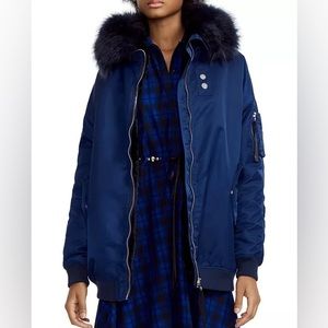 Maje Govember navy blue parka bomber jacket with faux fur lining and hood